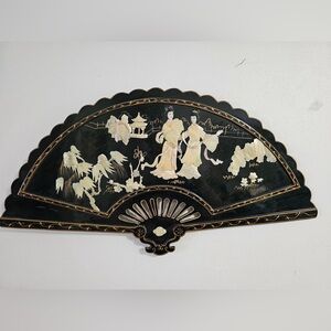 Vintage Asian fan enamel wall art with mother of pearl inlay